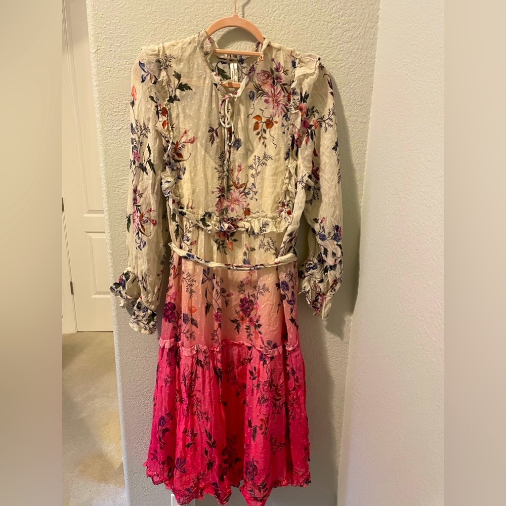 NWT Anthropologie Floral Long Sleeve Dress ~ Cream/Pink Gorgeous Fade Women’s 14